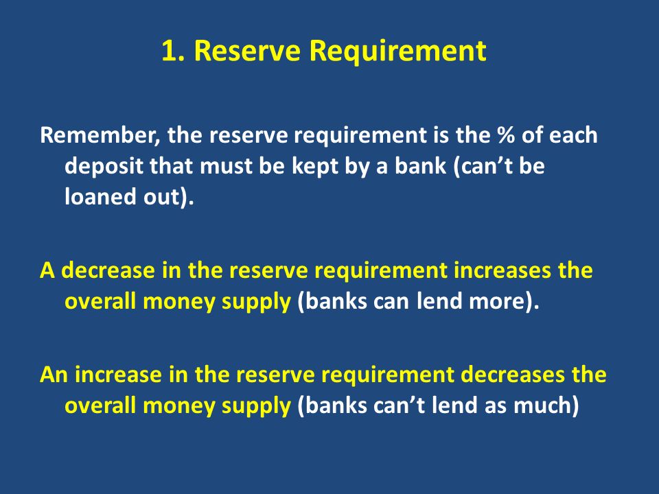 1. Reserve Requirement Remember, the reserve requirement is the % of each deposit that must be kept by a bank (can’t be loaned out).