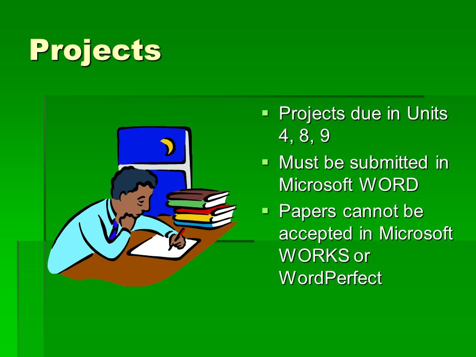 Projects Projects due in Units 4, 8, 9