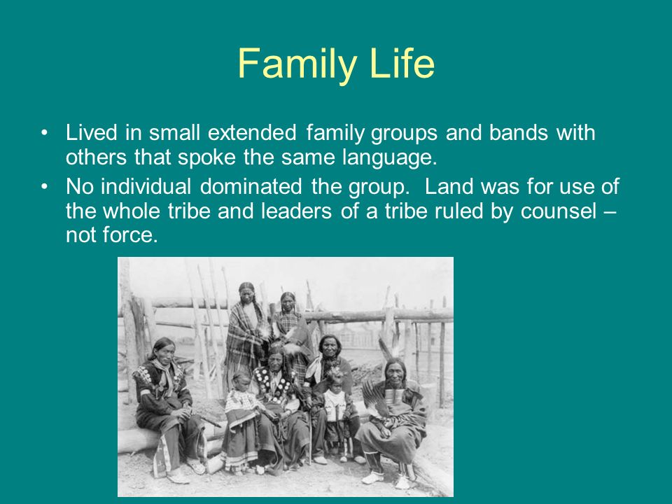 Family Life Lived in small extended family groups and bands with others that spoke the same language.
