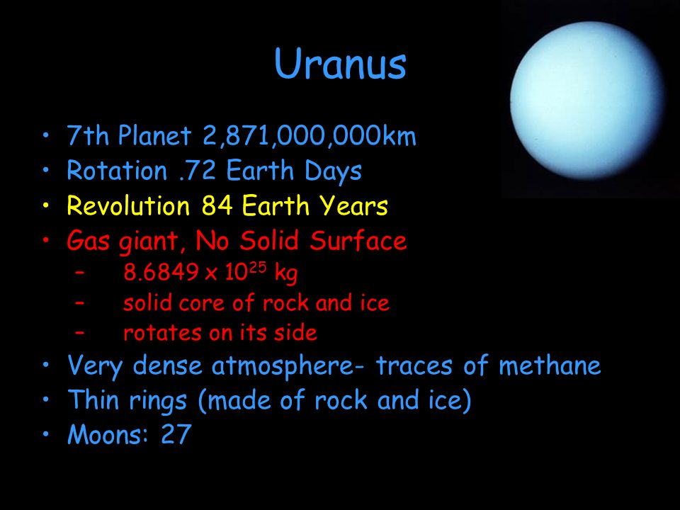 Uranus 7th Planet 2,871,000,000km Rotation .72 Earth Days