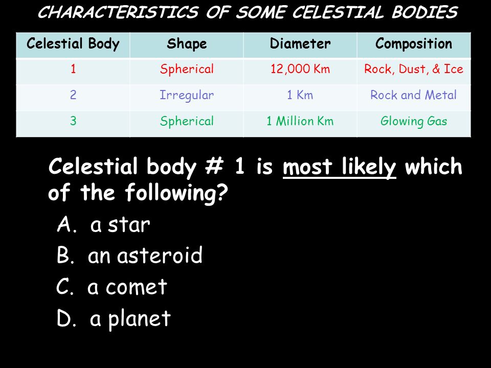 Celestial body # 1 is most likely which of the following A. a star