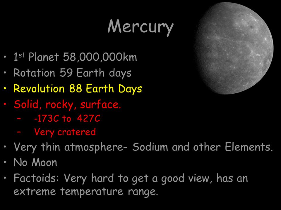 Mercury 1st Planet 58,000,000km Rotation 59 Earth days