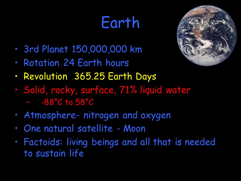 Earth 3rd Planet 150,000,000 km Rotation 24 Earth hours