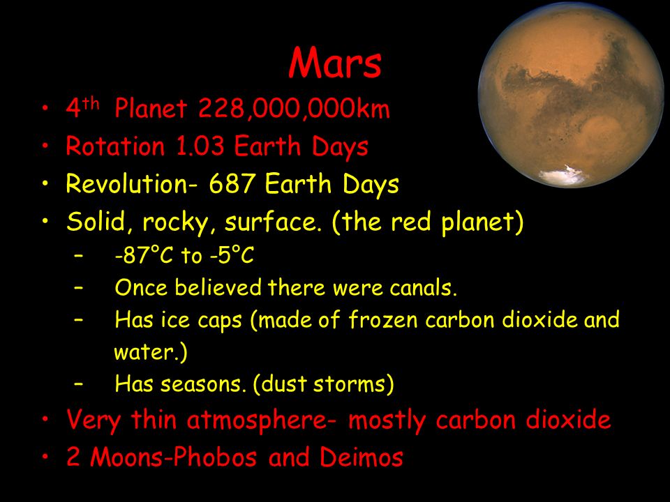 Mars 4th Planet 228,000,000km Rotation 1.03 Earth Days
