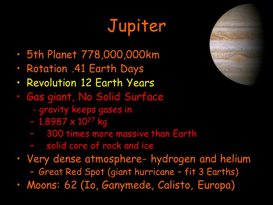 Jupiter 5th Planet 778,000,000km Rotation .41 Earth Days