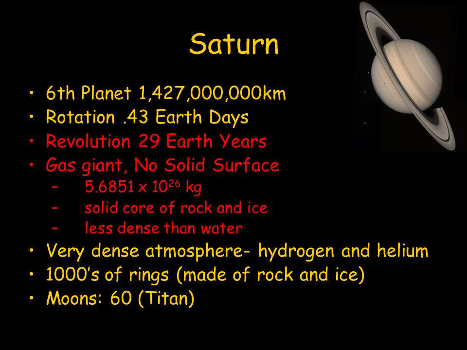 Saturn 6th Planet 1,427,000,000km Rotation .43 Earth Days