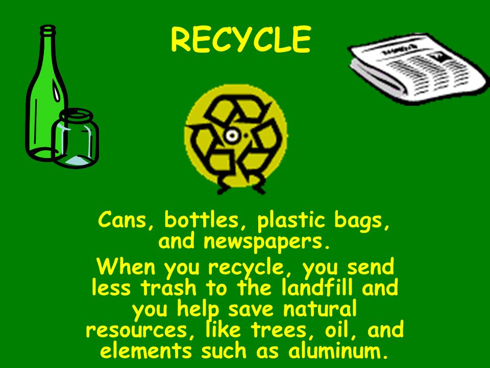 Cans, bottles, plastic bags, and newspapers.