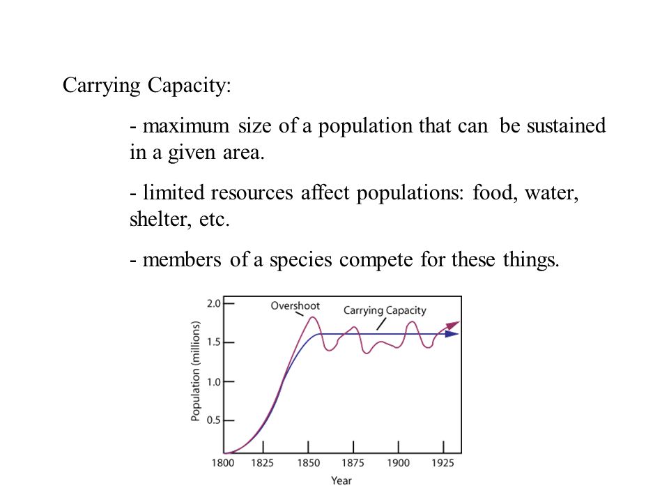 Carrying Capacity: - maximum size of a population that can be sustained in a given area.