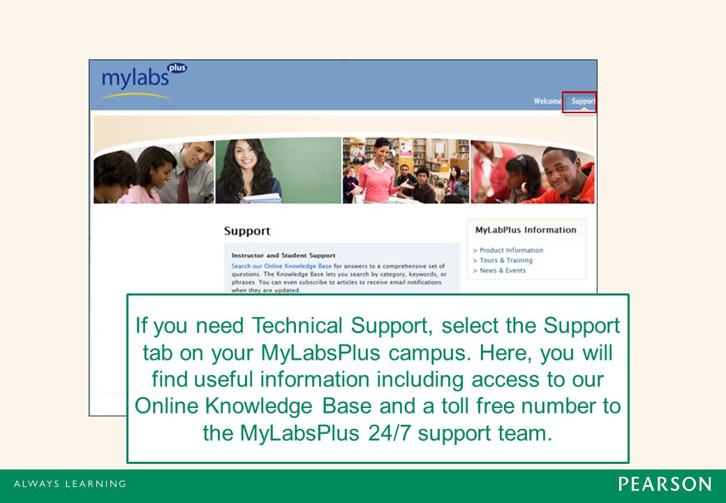 If you need Technical Support, select the Support tab on your MyLabsPlus campus.