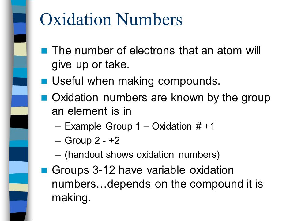 Oxidation Numbers The number of electrons that an atom will give up or take. Useful when making compounds.