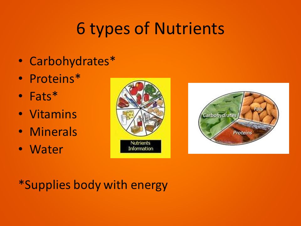 6 types of Nutrients Carbohydrates* Proteins* Fats* Vitamins Minerals