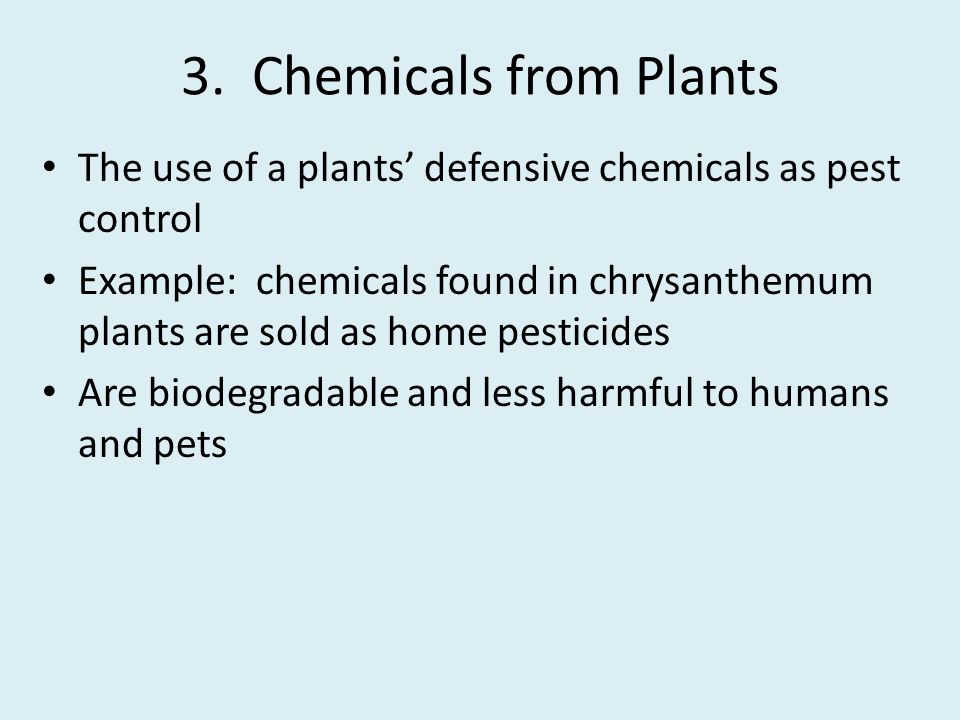 3. Chemicals from Plants The use of a plants’ defensive chemicals as pest control.