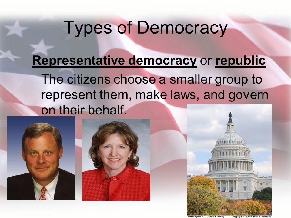 Types of Democracy Representative democracy or republic