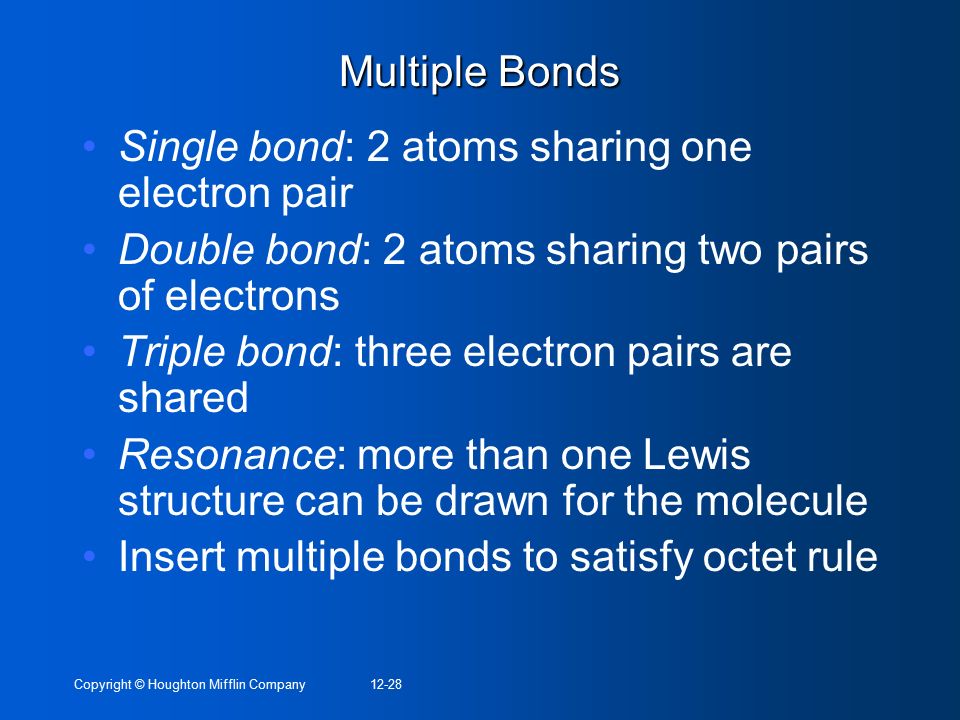 Single bond: 2 atoms sharing one electron pair