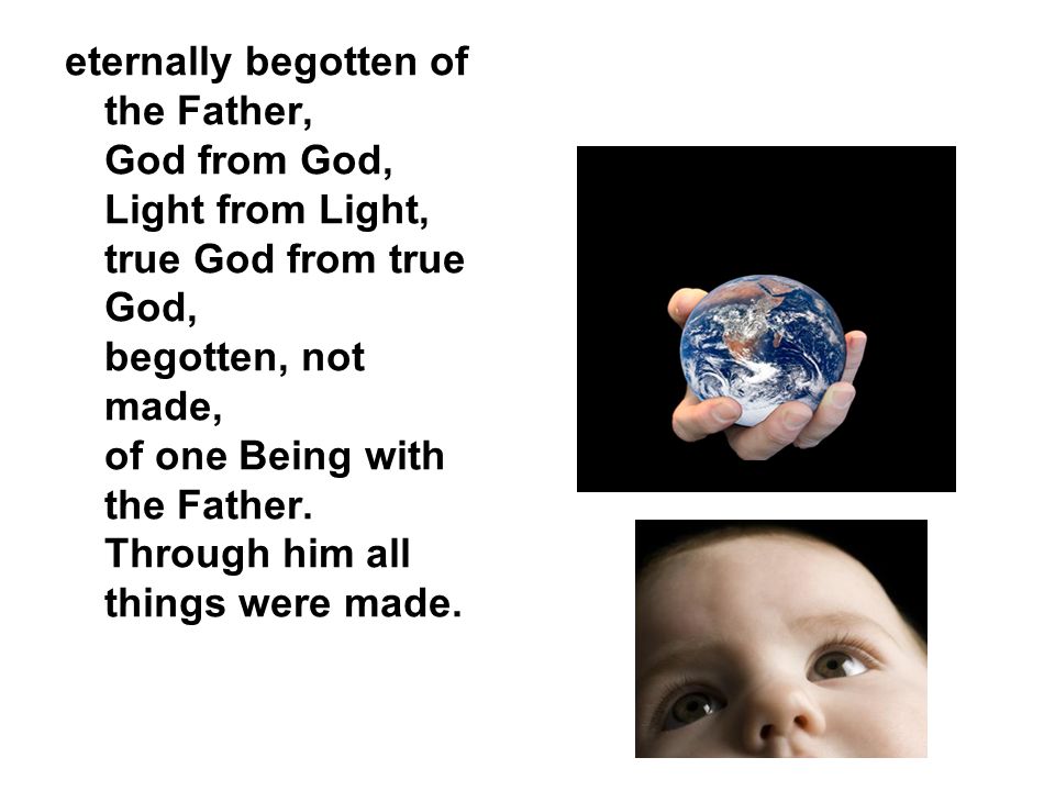 eternally begotten of the Father, God from God, Light from Light, true God from true God, begotten, not made, of one Being with the Father.