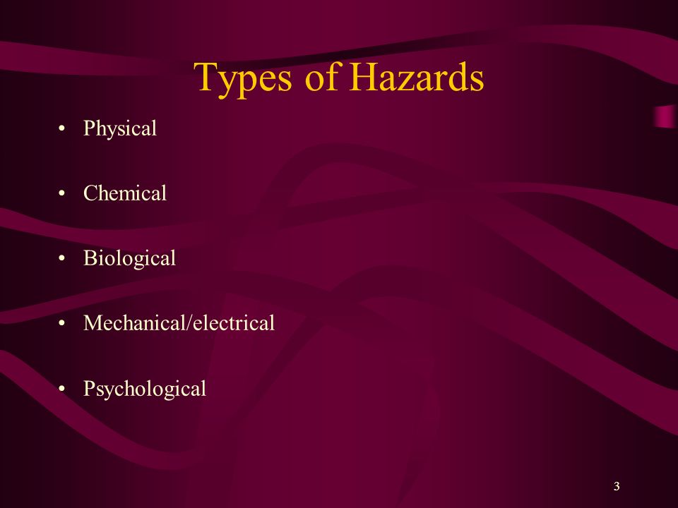 Types of Hazards Physical Chemical Biological Mechanical/electrical