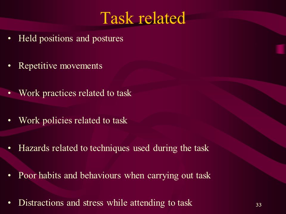 Task related Held positions and postures Repetitive movements