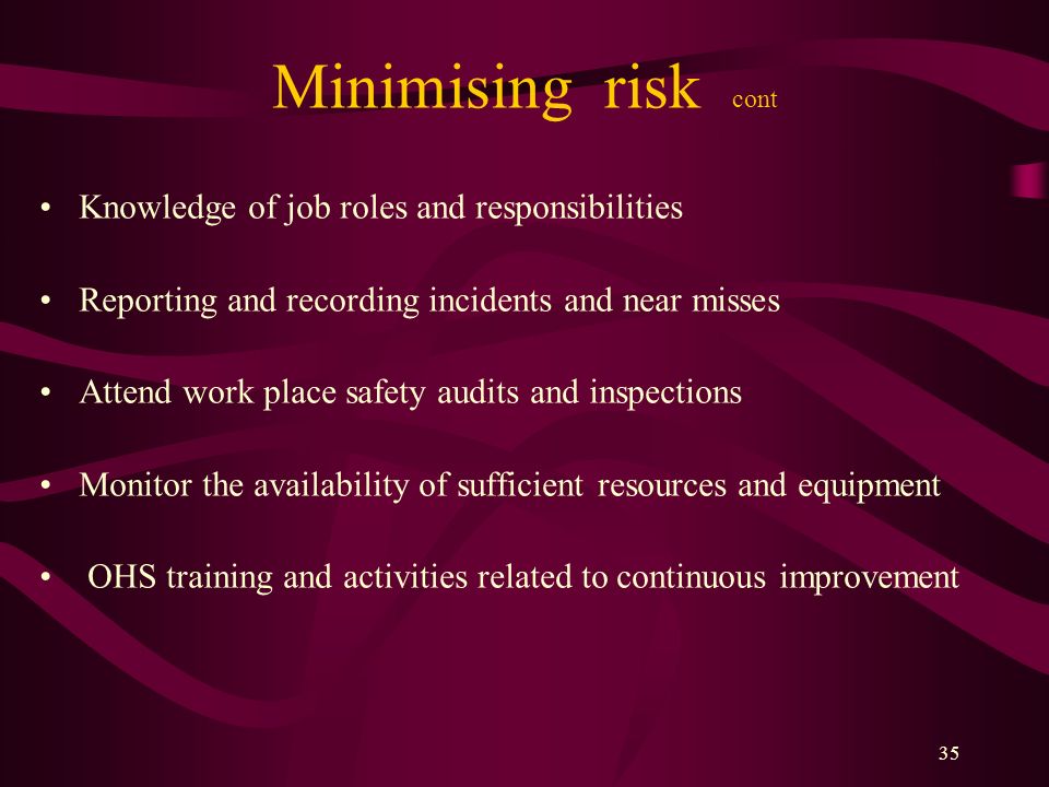 Minimising risk cont Knowledge of job roles and responsibilities
