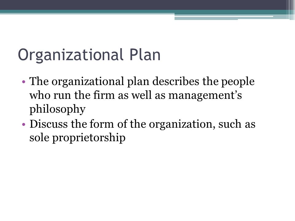 Organizational Plan The organizational plan describes the people who run the firm as well as management’s philosophy.