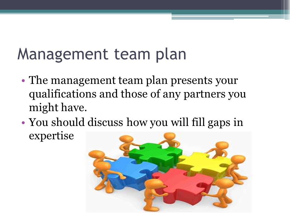 Management team plan The management team plan presents your qualifications and those of any partners you might have.