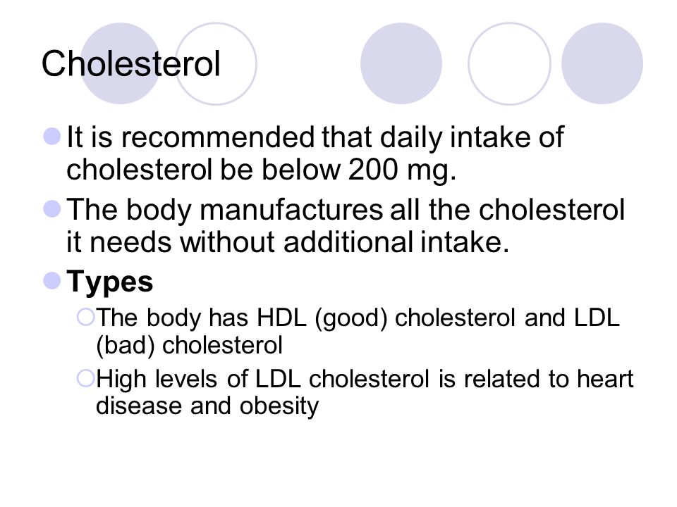 Cholesterol It is recommended that daily intake of cholesterol be below 200 mg.