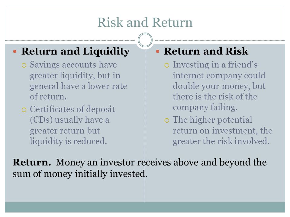 Risk and Return Return and Liquidity Return and Risk