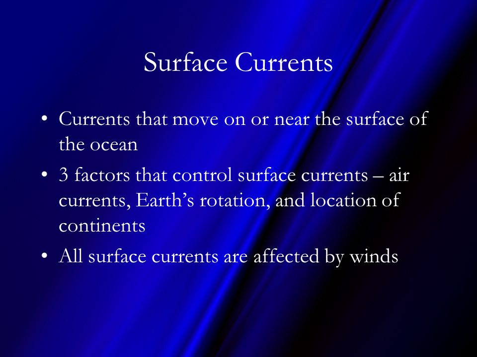 Surface Currents Currents that move on or near the surface of the ocean.