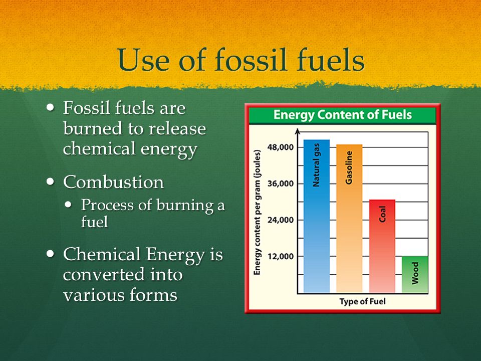 Use of fossil fuels Fossil fuels are burned to release chemical energy