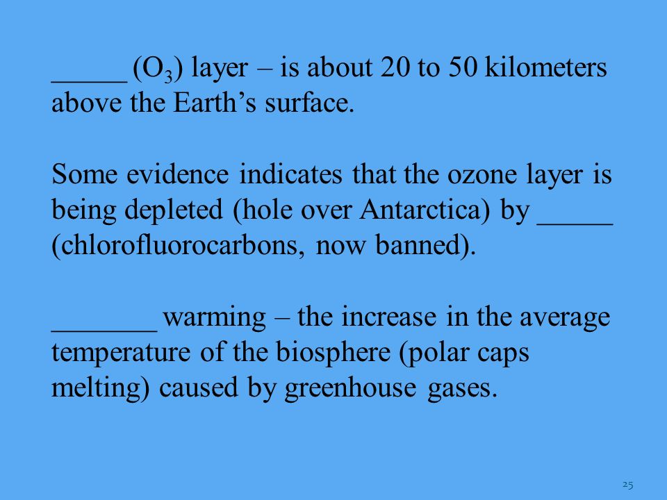 _____ (O3) layer – is about 20 to 50 kilometers above the Earth’s surface.