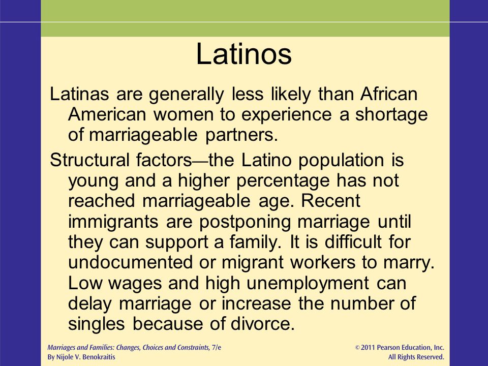 Latinos Latinas are generally less likely than African American women to experience a shortage of marriageable partners.