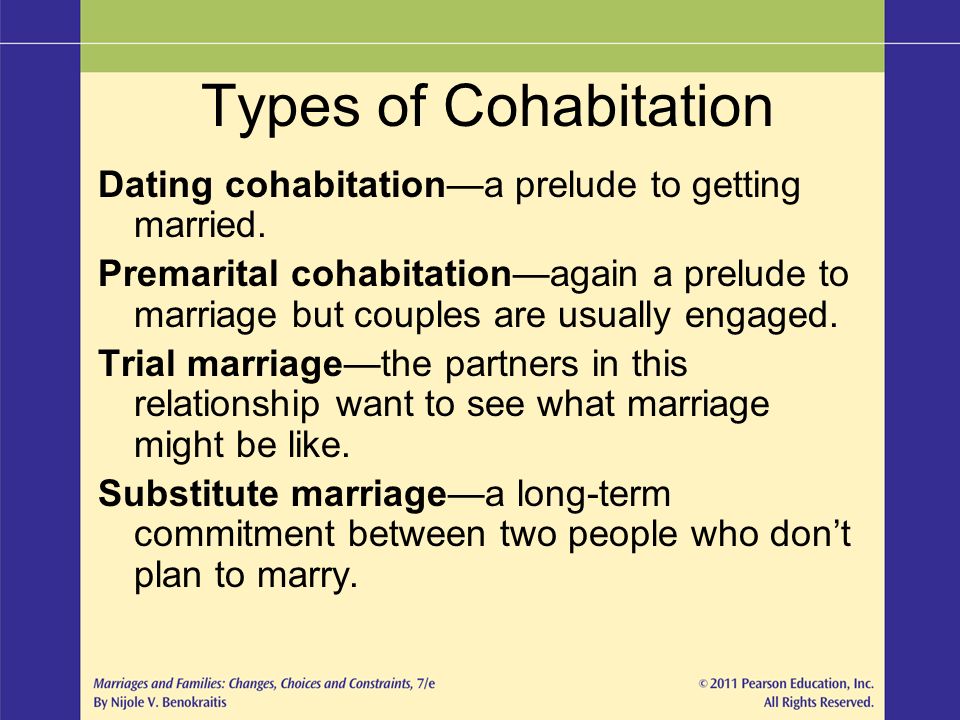 Types of Cohabitation Dating cohabitation—a prelude to getting married.