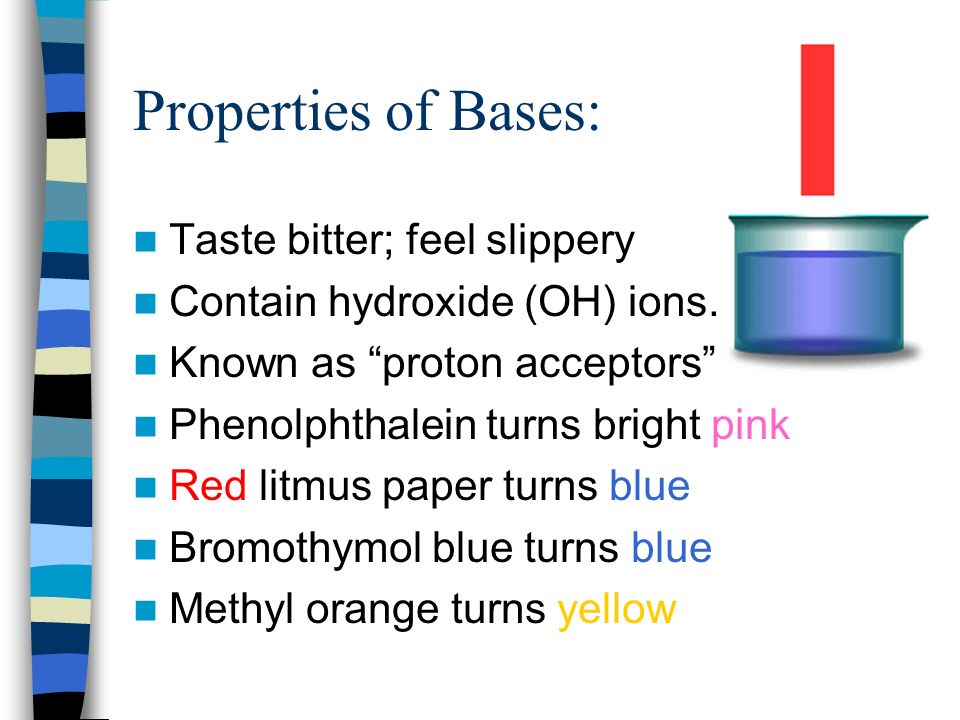 Properties of Bases: Taste bitter; feel slippery