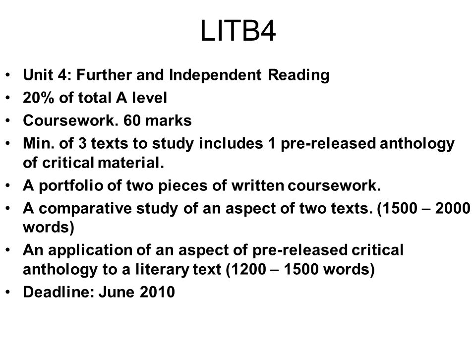 LITB4 Unit 4: Further and Independent Reading 20% of total A level