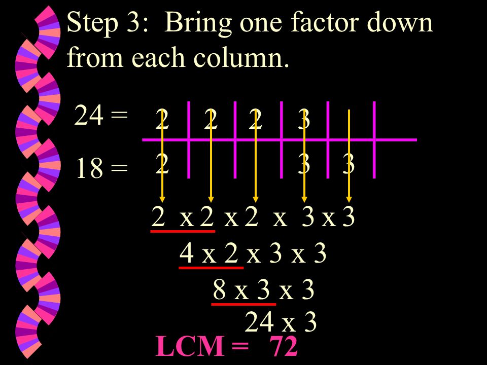 Step 3: Bring one factor down from each column.