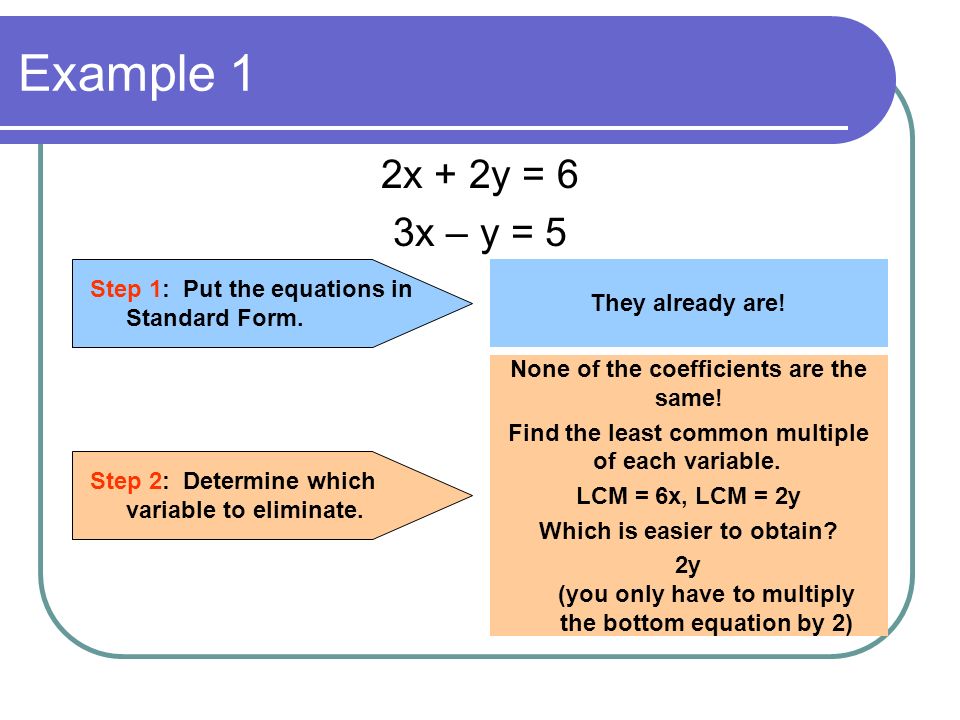 Example 1 2x + 2y = 6. 3x – y = 5. Step 1: Put the equations in Standard Form. They already are!