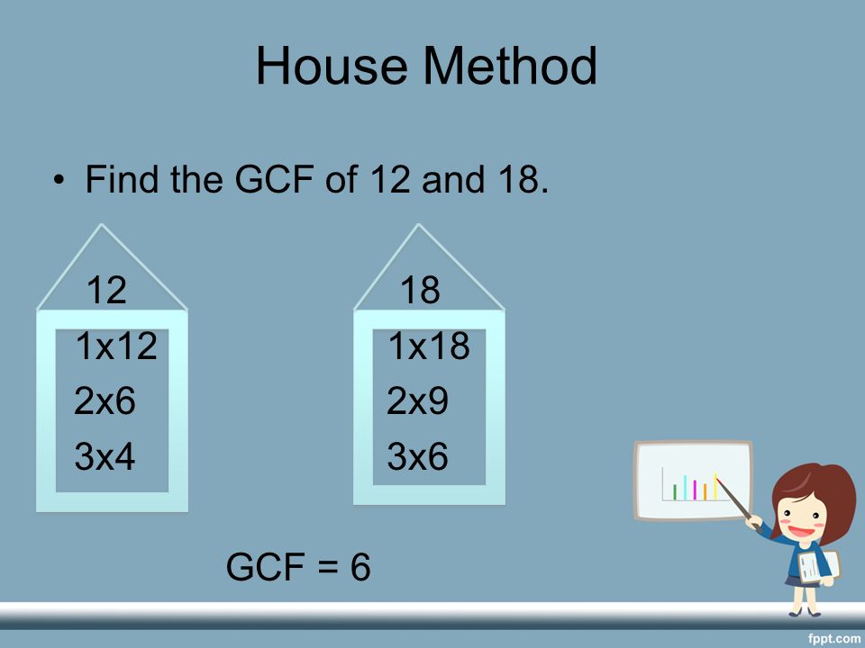 House Method Find the GCF of 12 and x12 1x18 2x6 2x9