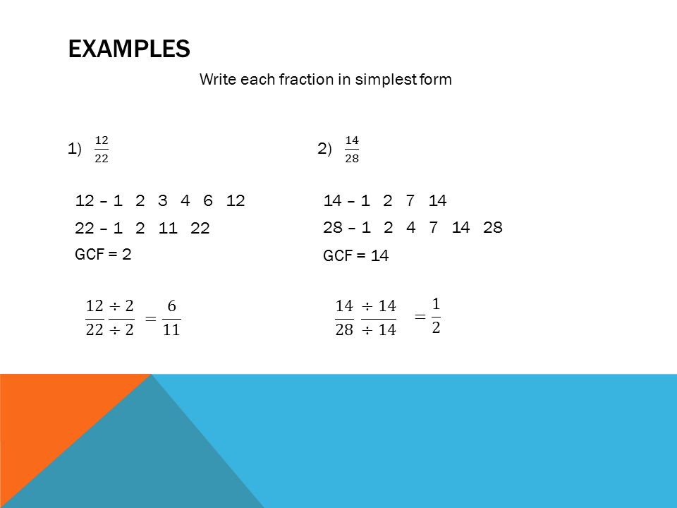 Examples Write each fraction in simplest form 1) ) 14 28