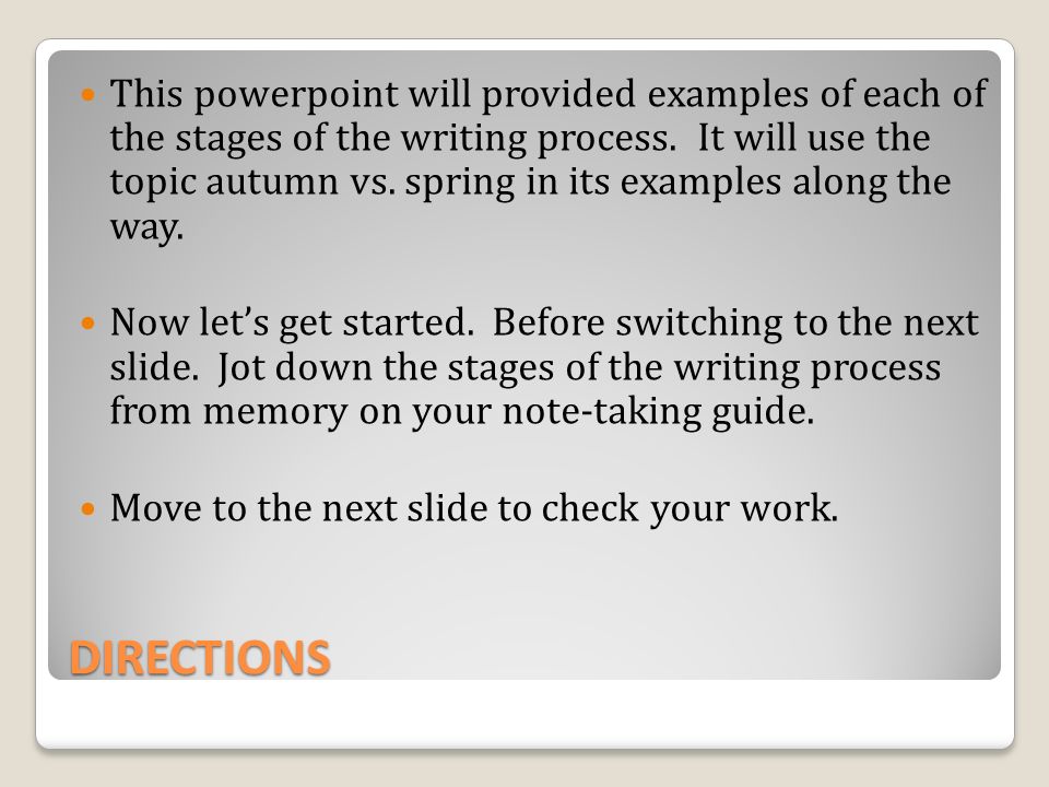 This powerpoint will provided examples of each of the stages of the writing process. It will use the topic autumn vs. spring in its examples along the way.