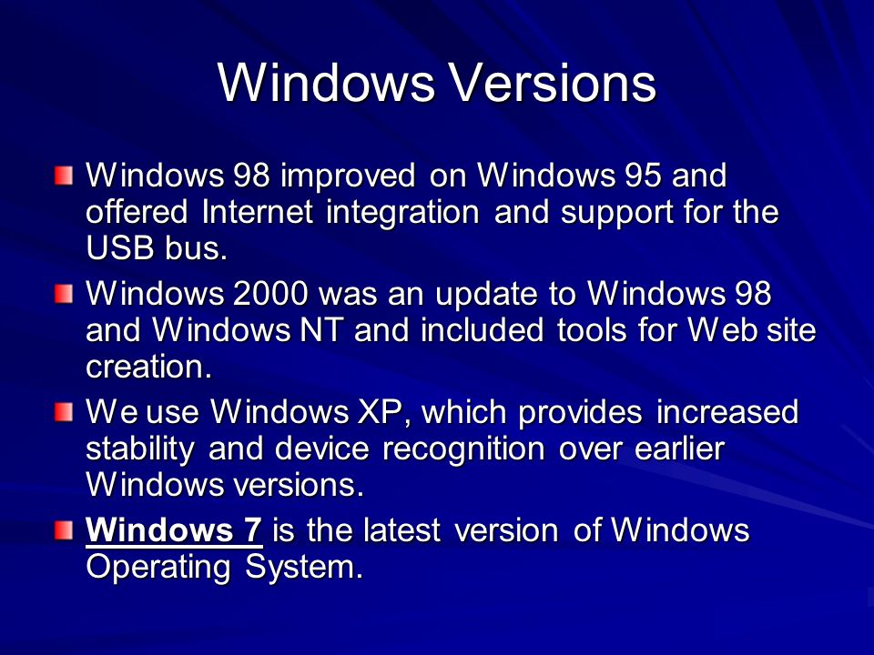 Windows Versions Windows 98 improved on Windows 95 and offered Internet integration and support for the USB bus.