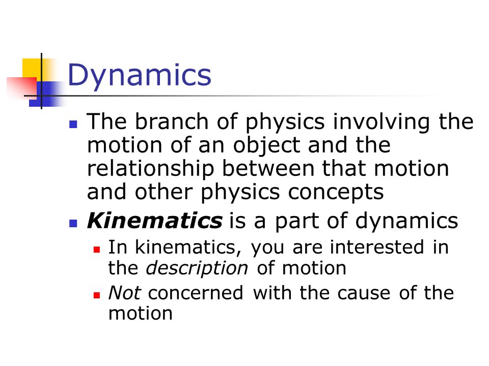 Dynamics The branch of physics involving the motion of an object and the relationship between that motion and other physics concepts.