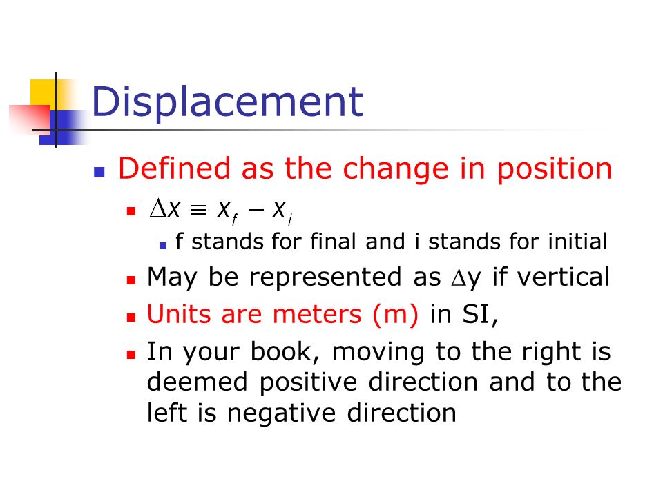 Displacement Defined as the change in position