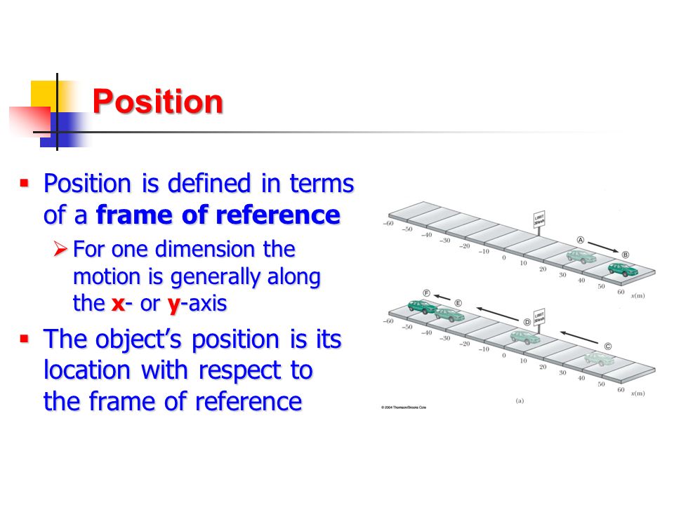 Position Position is defined in terms of a frame of reference