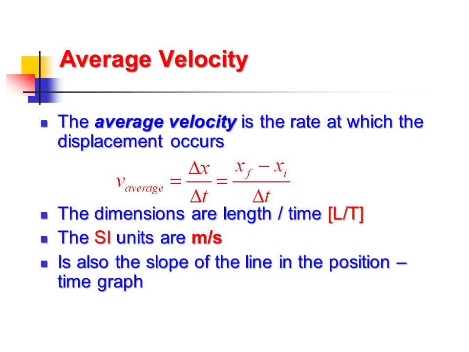 Average Velocity The average velocity is the rate at which the displacement occurs. The dimensions are length / time [L/T]