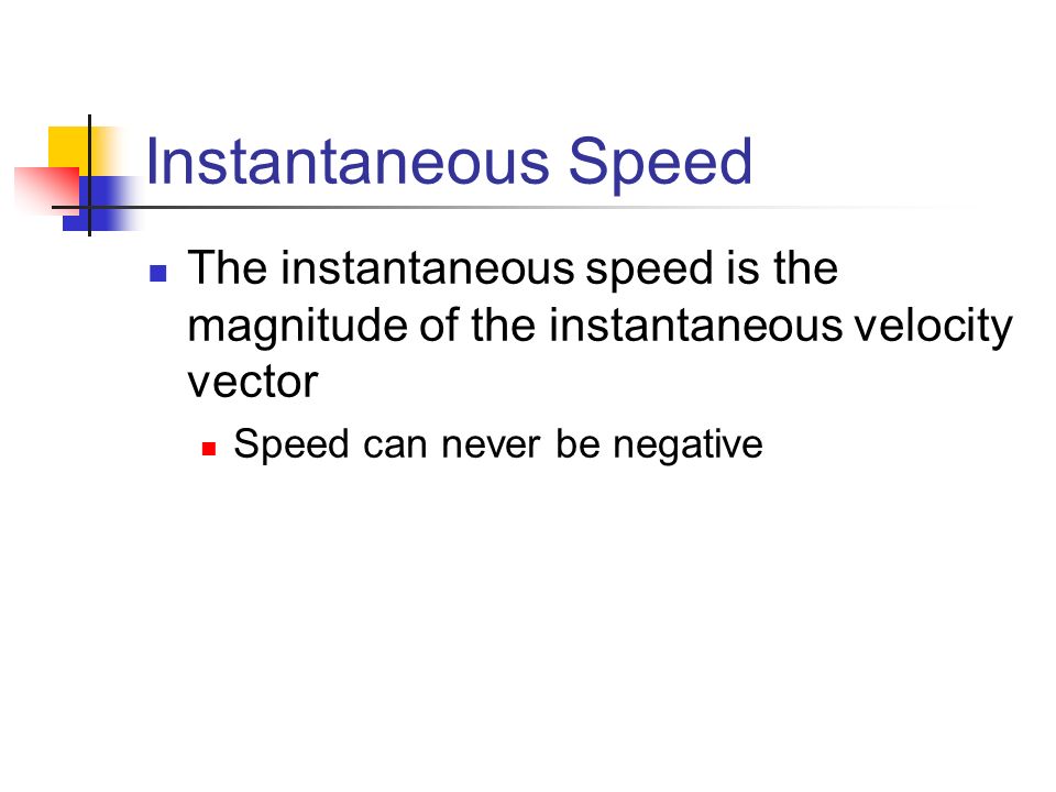 Instantaneous Speed The instantaneous speed is the magnitude of the instantaneous velocity vector.