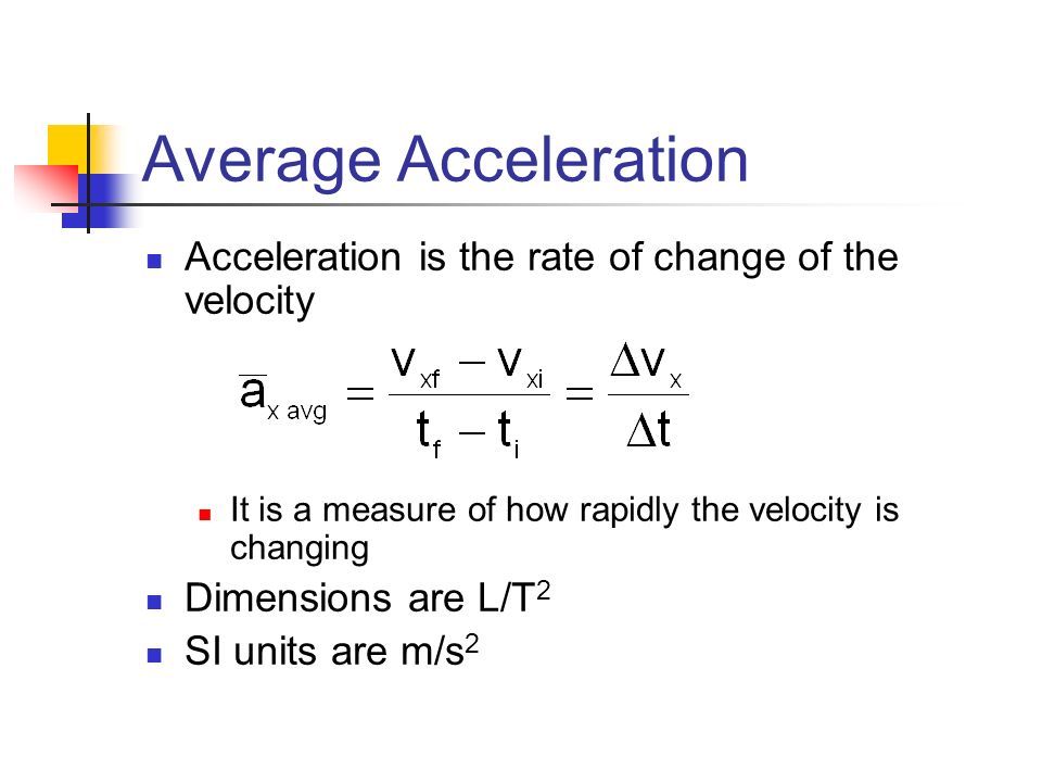 Average Acceleration Acceleration is the rate of change of the velocity. It is a measure of how rapidly the velocity is changing.