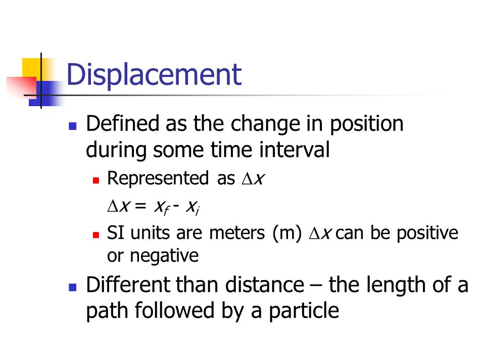 Displacement Defined as the change in position during some time interval. Represented as x. x = xf - xi.