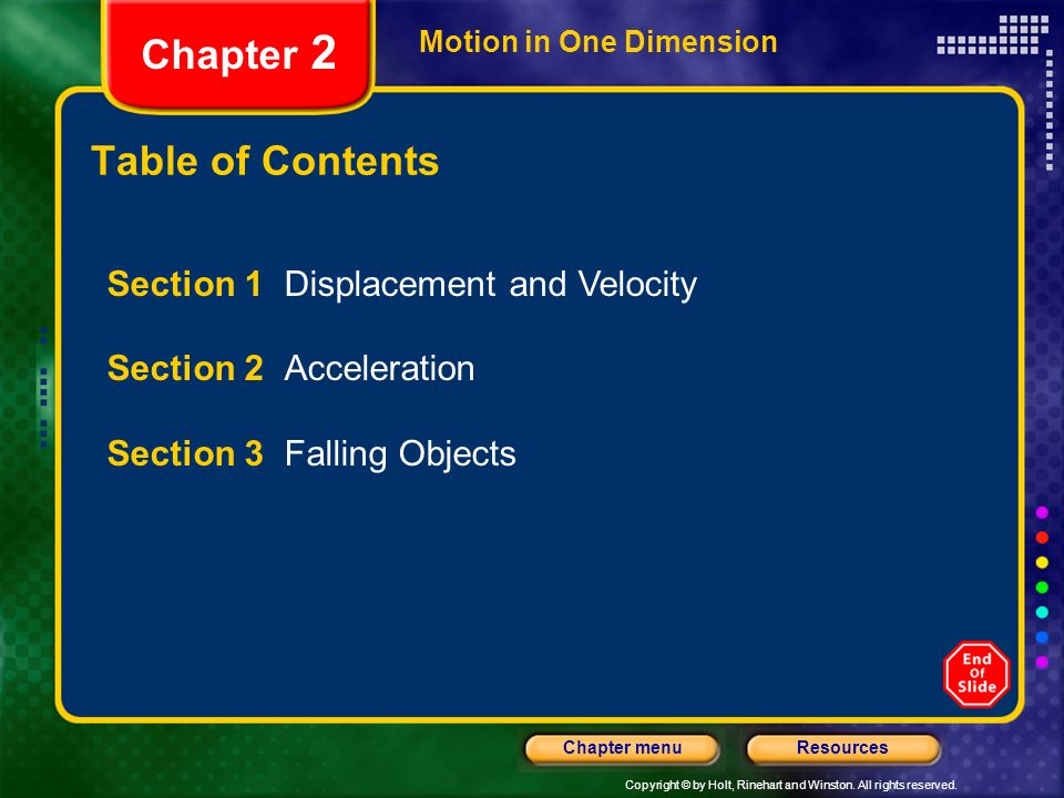 Chapter 2 Table of Contents Section 1 Displacement and Velocity