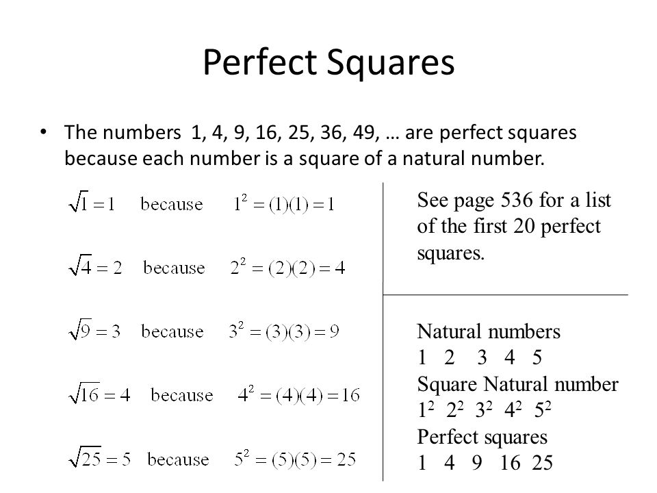 Perfect Squares The numbers 1, 4, 9, 16, 25, 36, 49, … are perfect squares because each number is a square of a natural number.