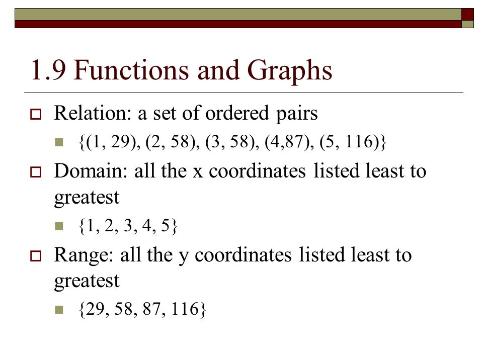 1.9 Functions and Graphs Relation: a set of ordered pairs