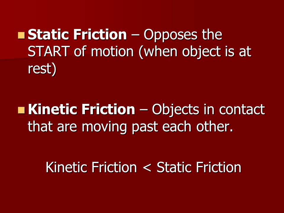 Static Friction – Opposes the START of motion (when object is at rest)
